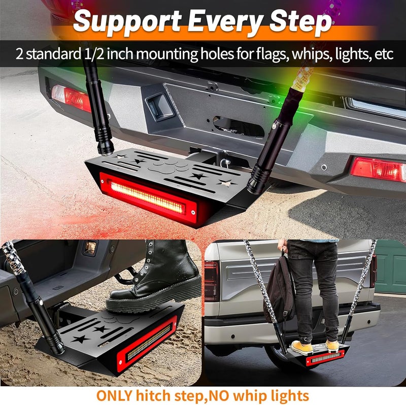 VKU Hitch Step with Light and Whip Mount Holes, 108 LED Brake Lighting(6 Mode) Fit 2" Receiver Steel Construction Powder Matte Coated for Trucks Chevy Ford Toyota GMC Dodge RAM Jeep ATVs SUVs Vans - Image 2